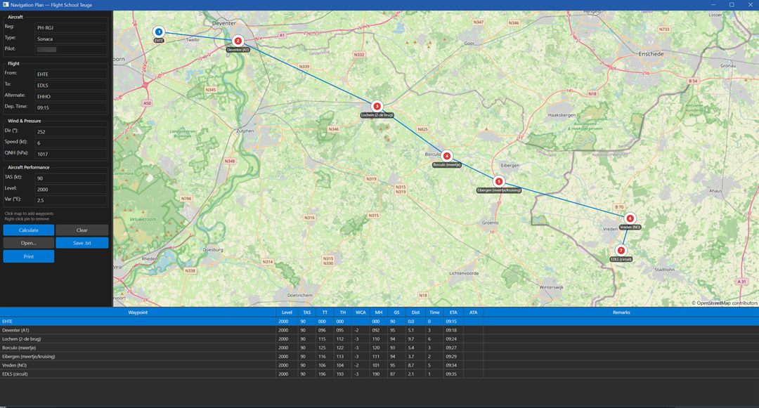 NavigationPlan app — interactive map with route and calculated nav log